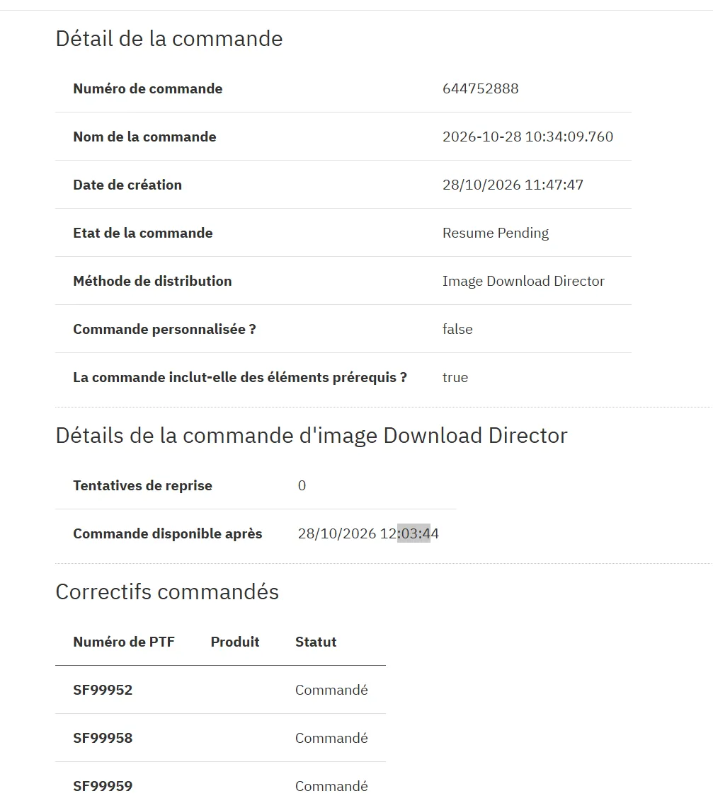 Détail de la commande : état Resume Pending, Image Download Director, SF99952, SF99958, SF99959 commandés