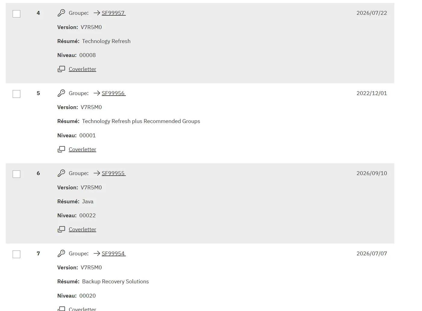Liste Fix Central : SF99957, SF99956, SF99955, SF99954 et leurs niveaux