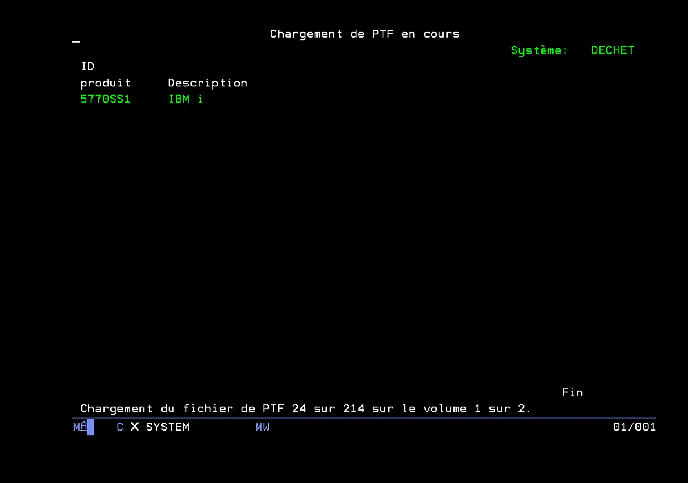 Chargement de PTF en cours, 5770SS1 IBM i, fichier 24 sur 214 du volume 1 sur 2