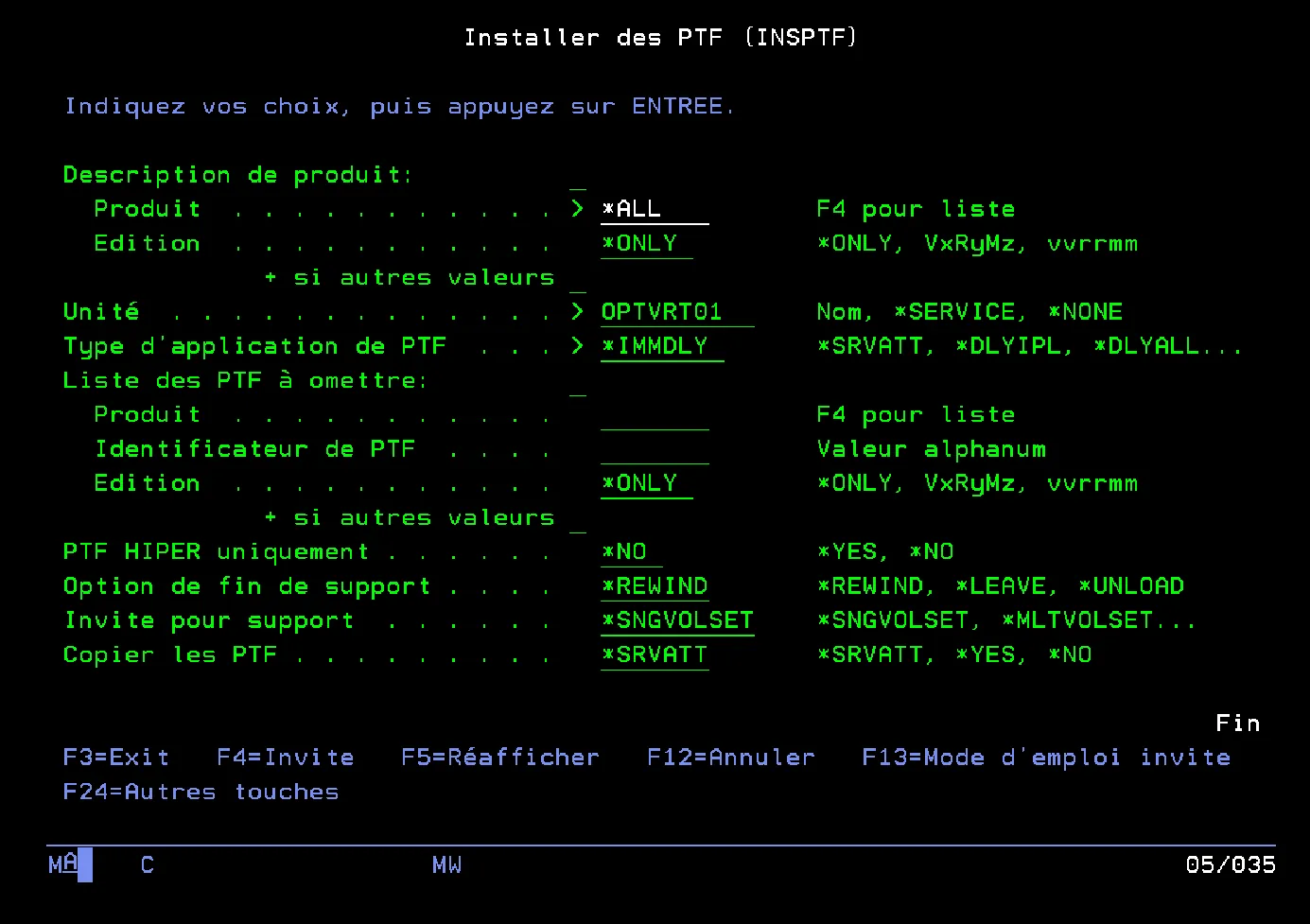 Invite INSPTF : produit *ALL, unité OPTVRT01, type d'application *IMMDLY