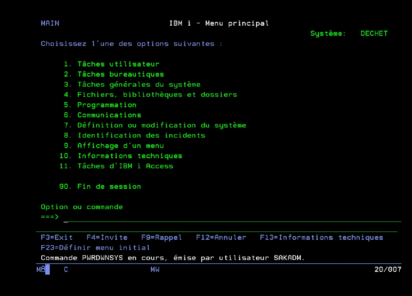 Message : Commande PWRDWNSYS en cours, émise par utilisateur SAKADM