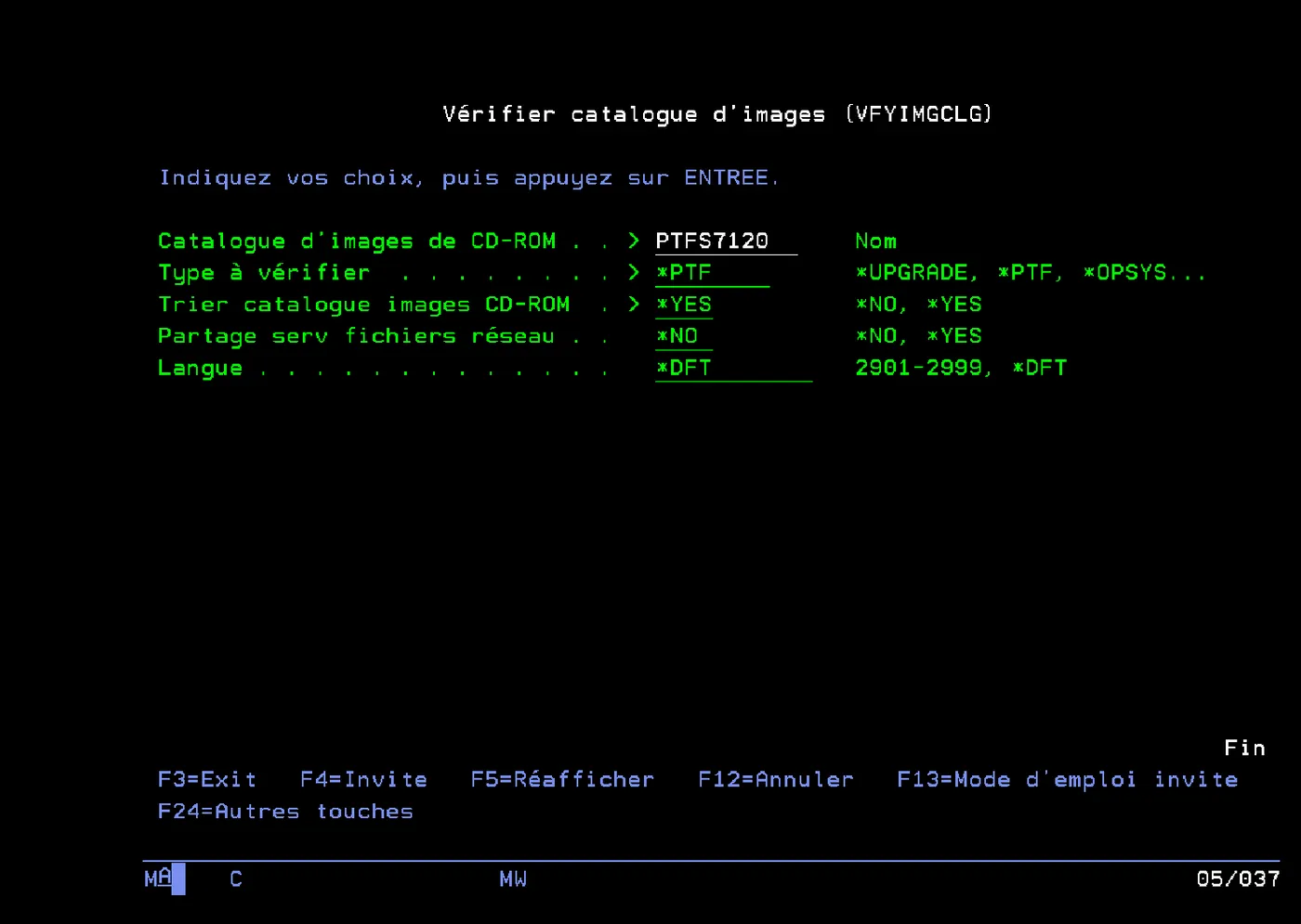 Invite VFYIMGCLG : PTFS7120, type *PTF, trier *YES