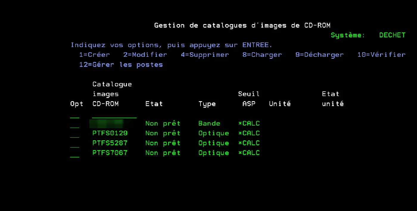 WRKIMGCLG : catalogues des campagnes précédentes PTFS0129, PTFS5287, PTFS7067, tous Non prêt