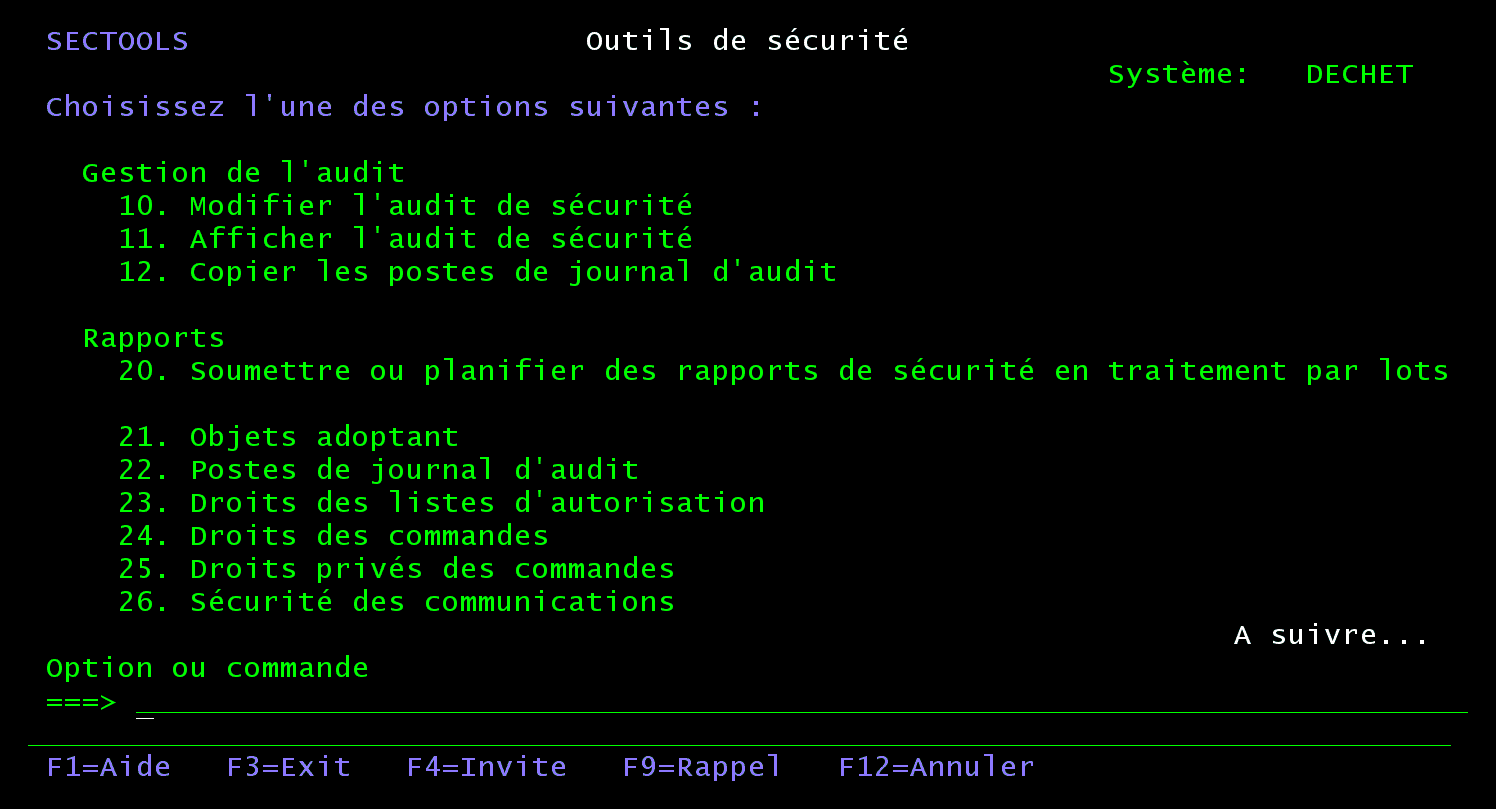 Écran 5250 Outils de sécurité SECTOOLS, deuxième page : gestion de l'audit et rapports (objets adoptant, postes du journal d'audit, droits des listes d'autorisation, sécurité des communications)