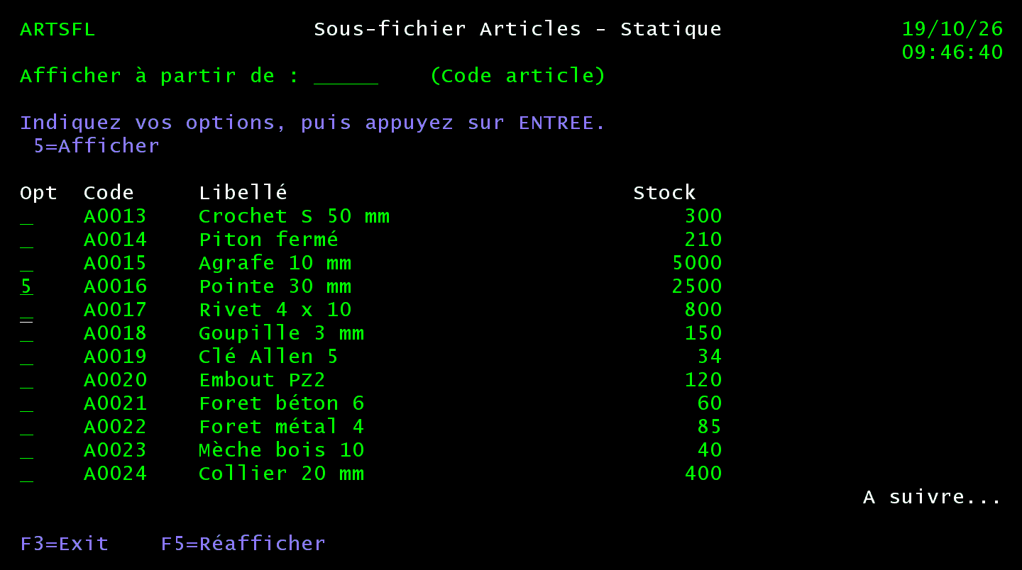 Écran ARTSFL, deuxième page : un 5 saisi dans la colonne Opt devant A0016 Pointe 30 mm