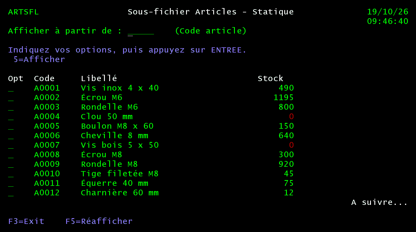 Écran ARTSFL, première page : nom, titre Sous-fichier Articles - Statique, date et heure, zone Afficher à partir de, consigne et option 5=Afficher en bleu, articles A0001 à A0012, stocks à zéro en rouge, A suivre..., F3=Exit F5=Réafficher