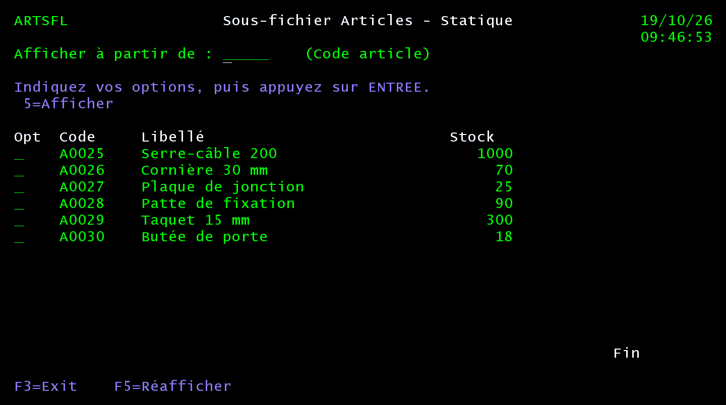 Écran ARTSFL positionné à partir de A0025 : articles A0025 à A0030 et Fin