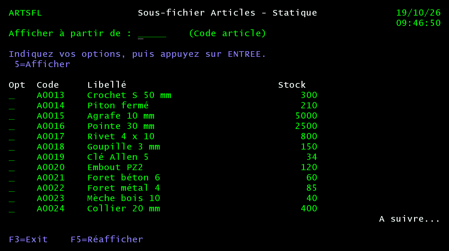 Écran ARTSFL après la fenêtre : toujours la deuxième page, l'option 5 effacée