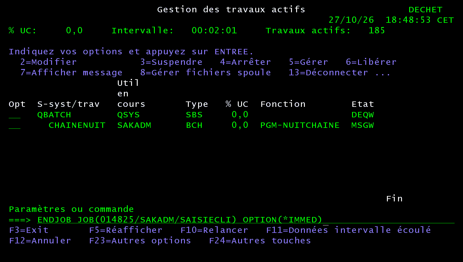 Écran 5250 Gestion des travaux actifs : CHAINENUIT en MSGW, commande ENDJOB JOB(014825/SAKADM/SAISIECLI) OPTION(*IMMED) sur la ligne de commande