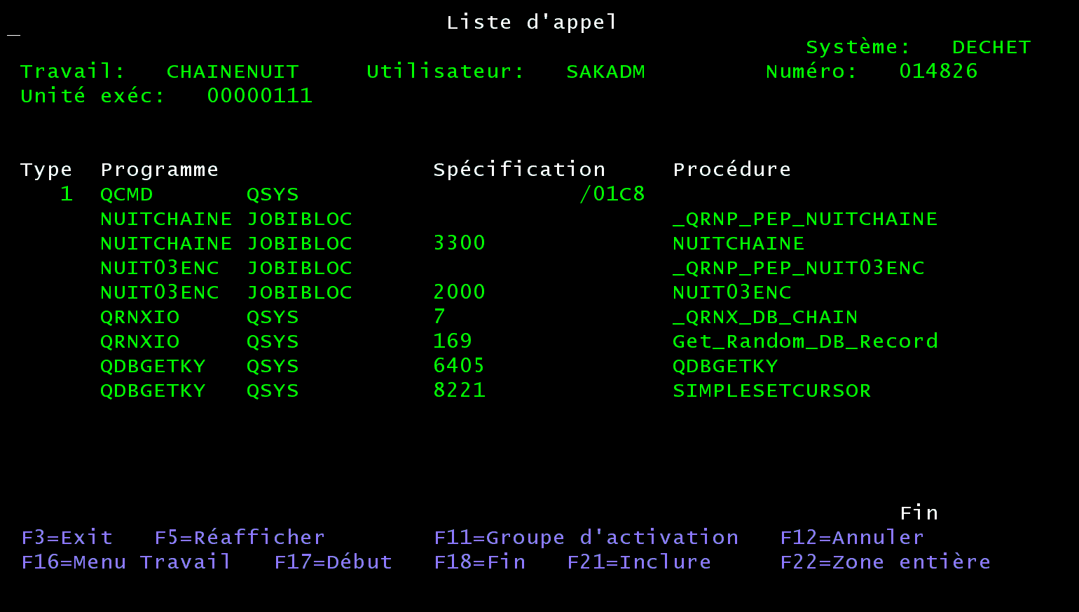 Écran 5250 Liste d'appel du travail CHAINENUIT : QCMD, NUITCHAINE instruction 3300, NUIT03ENC instruction 2000, QRNXIO _QRNX_DB_CHAIN, QDBGETKY