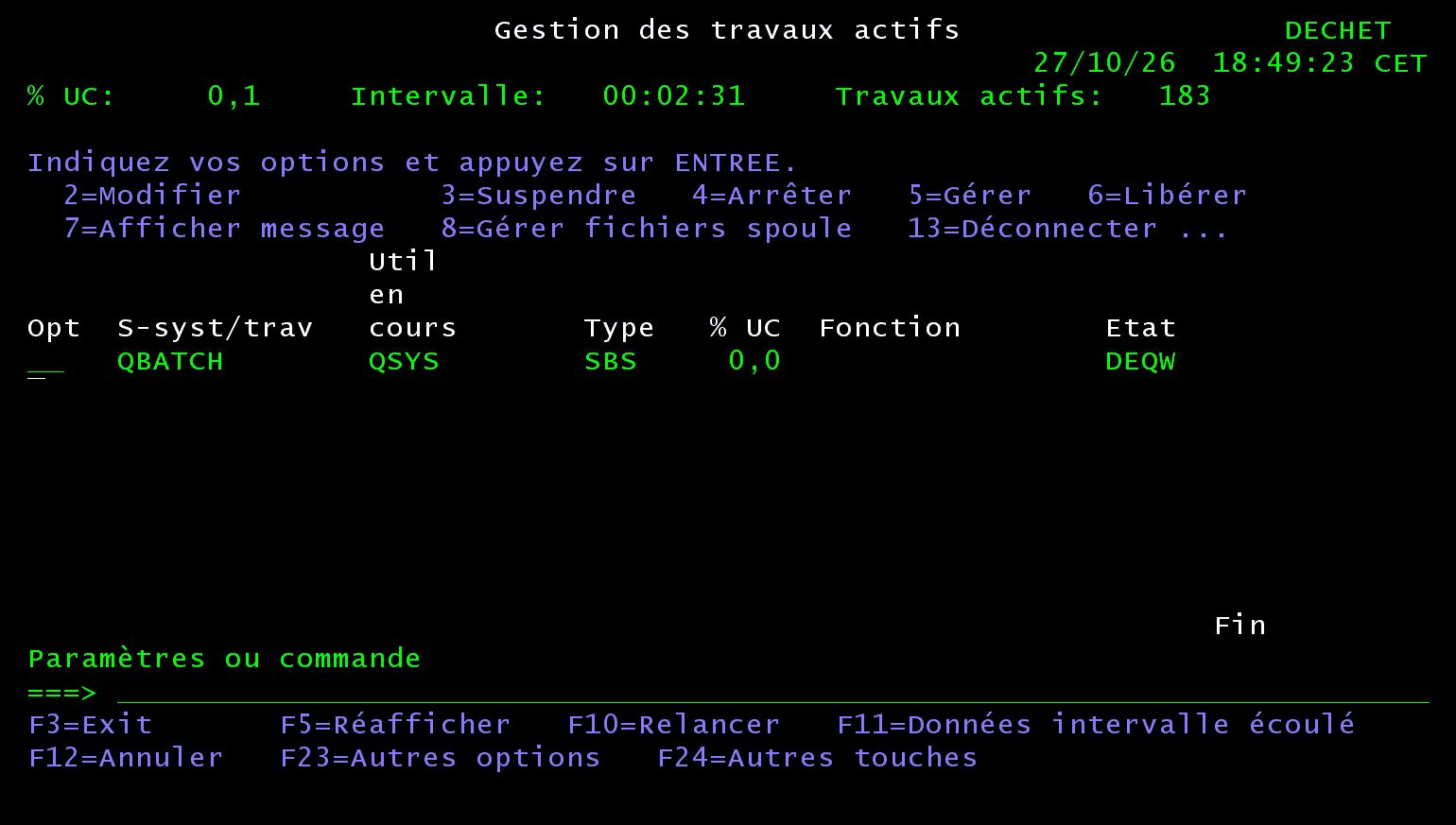 Écran 5250 Gestion des travaux actifs : le sous-système QBATCH en DEQW, plus aucun travail CHAINENUIT