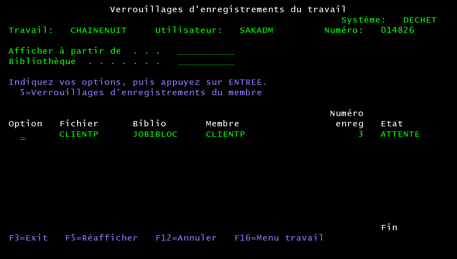 Écran 5250 Verrouillages d'enregistrements du travail CHAINENUIT : fichier CLIENTP de JOBIBLOC, membre CLIENTP, enregistrement 3, état ATTENTE