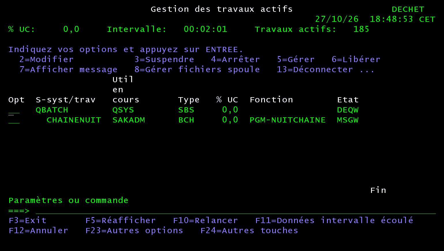 Écran 5250 Gestion des travaux actifs : CHAINENUIT de type BCH, fonction PGM-NUITCHAINE, état MSGW