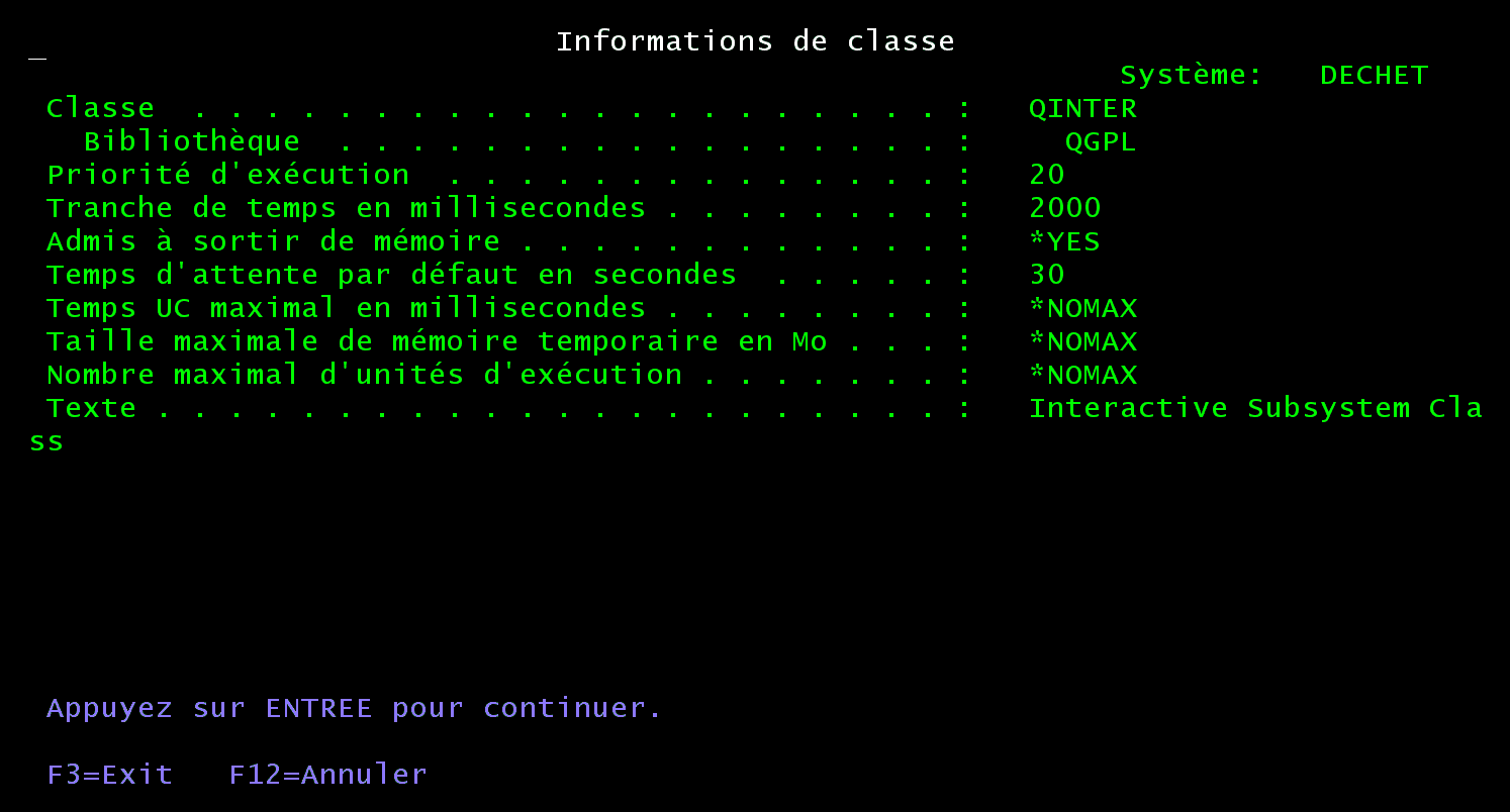 Écran 5250 Informations de classe QINTER de QGPL : priorité d'exécution 20, tranche de temps 2000 millisecondes