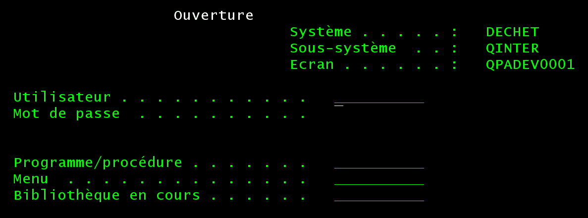Écran 5250 d'ouverture de session : système DECHET, sous-système QINTER, écran QPADEV0001