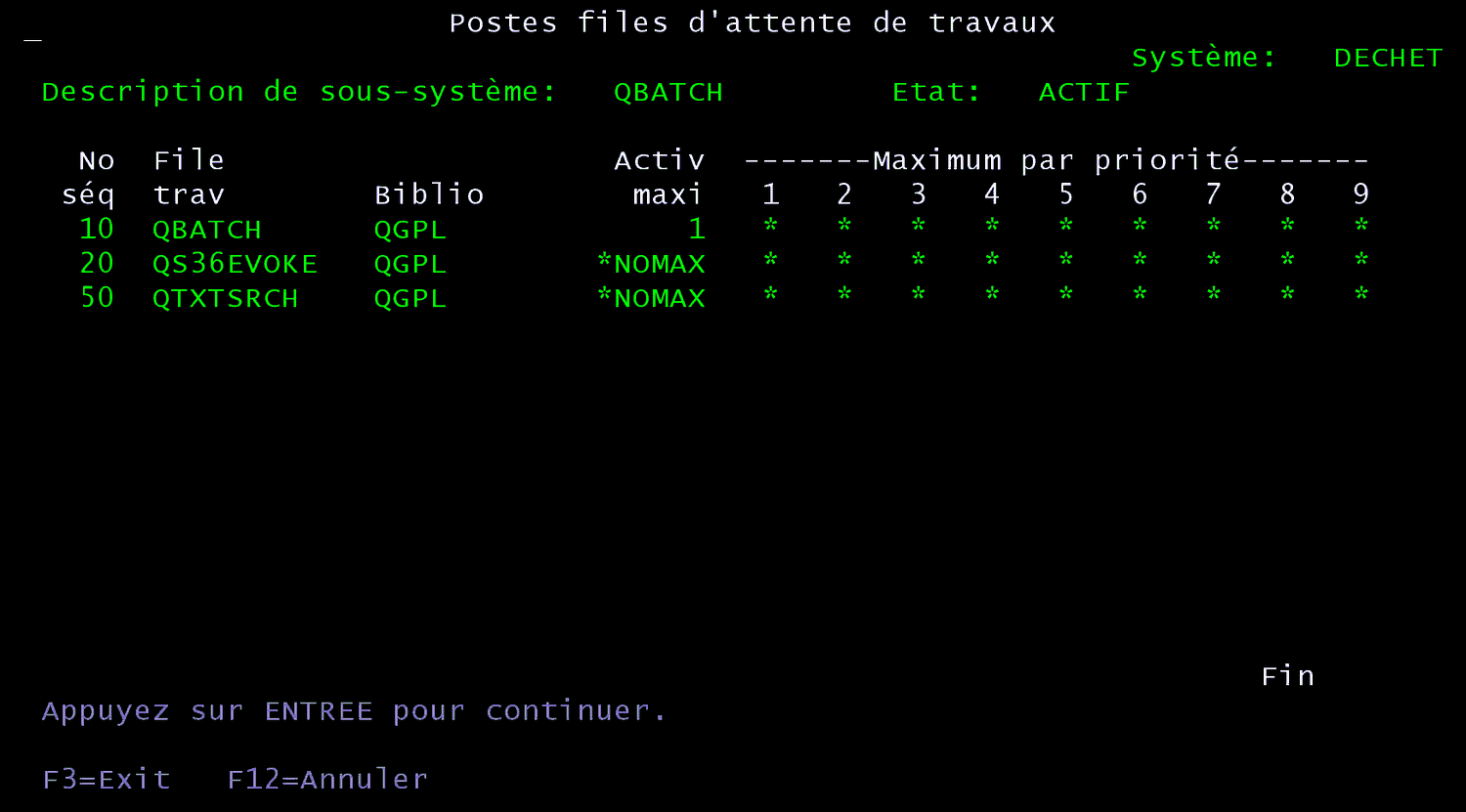 Écran 5250 Postes files d'attente de travaux de QBATCH : QBATCH de QGPL activité maximale 1, QS36EVOKE et QTXTSRCH *NOMAX