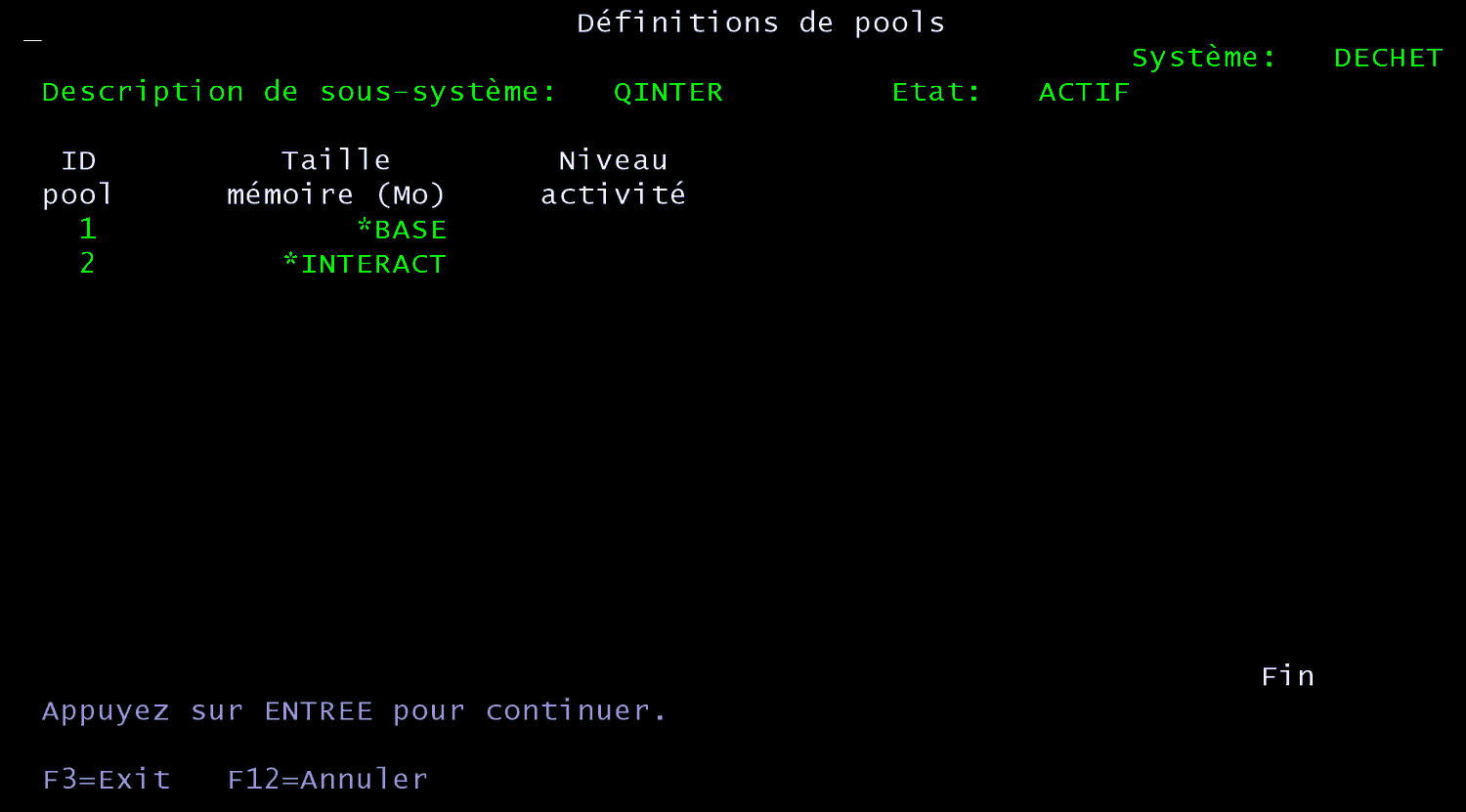 Écran 5250 Définitions de pools de QINTER : pool 1 *BASE, pool 2 *INTERACT