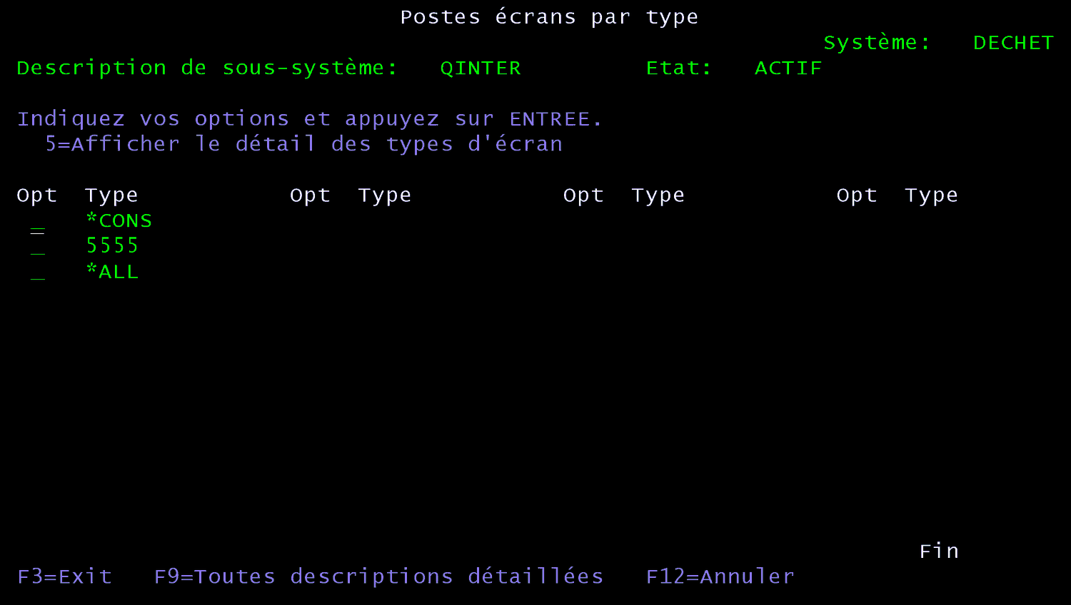 Écran 5250 Postes écrans par type du sous-système QINTER : *CONS, 5555 et *ALL