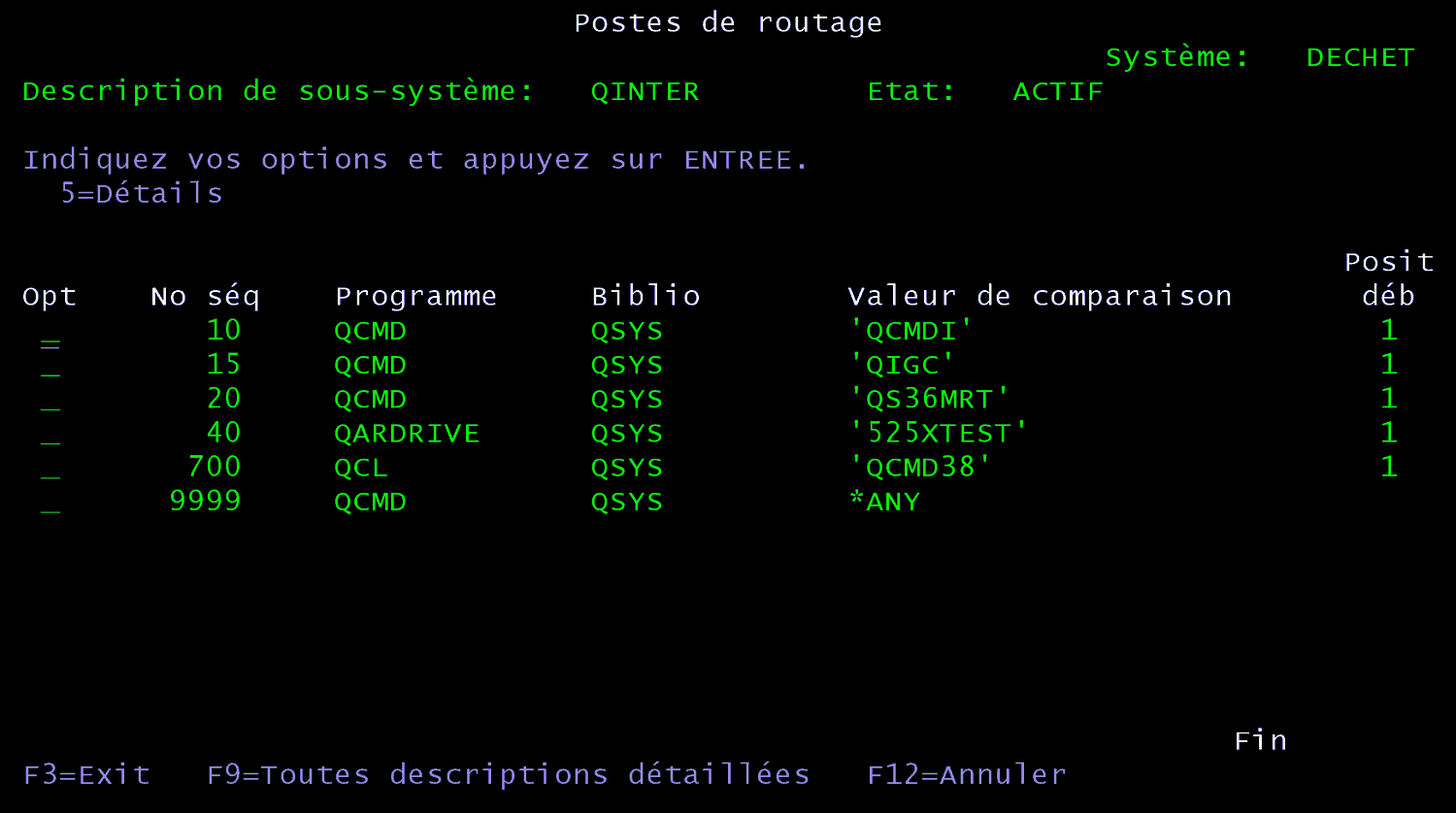 Écran 5250 Postes de routage de QINTER : séquences 10 QCMDI, 15 QIGC, 20 QS36MRT, 40 525XTEST, 700 QCMD38 et 9999 *ANY