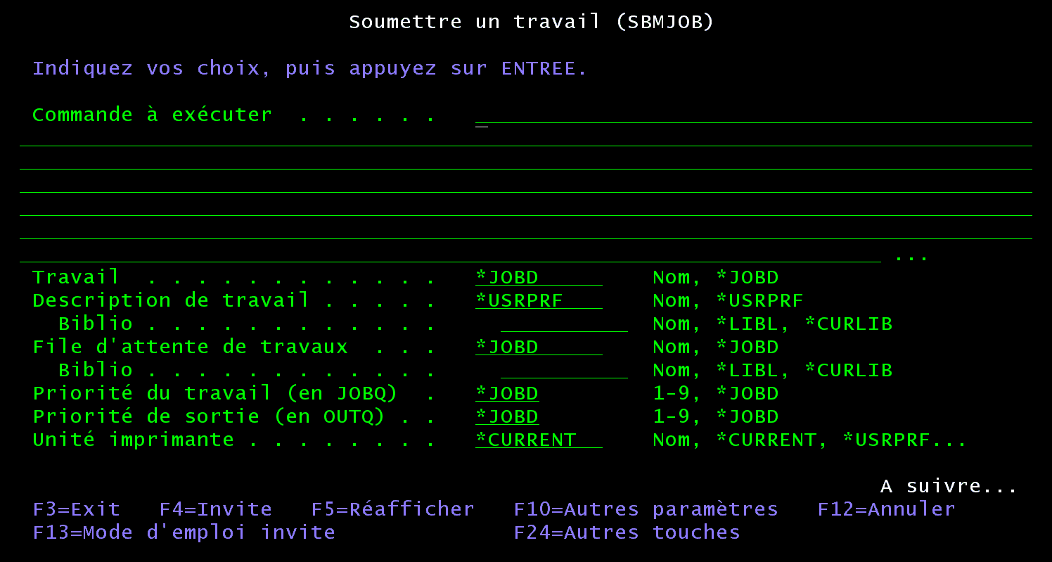 Écran 5250 Soumettre un travail (SBMJOB) : description de travail *USRPRF, file d'attente de travaux *JOBD, priorités *JOBD, unité imprimante *CURRENT