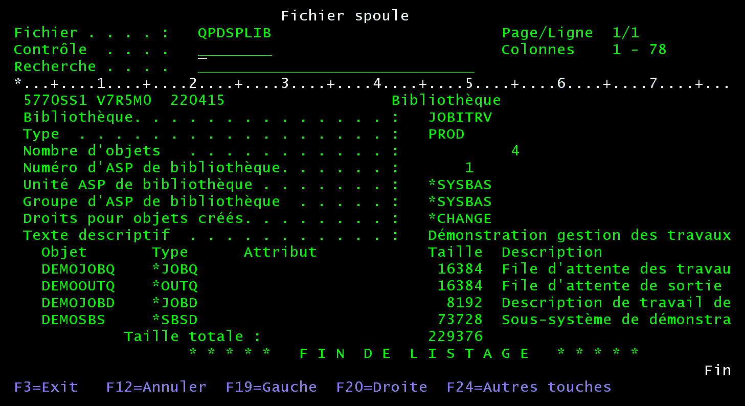 Écran 5250 Fichier spoule QPDSPLIB : liste de la bibliothèque JOBITRV avec DEMOJOBQ, DEMOOUTQ, DEMOJOBD et DEMOSBS