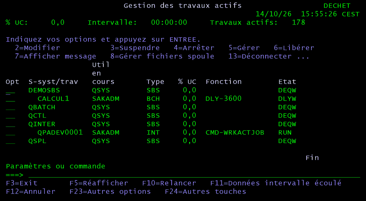 Écran 5250 Gestion des travaux actifs : sous-systèmes DEMOSBS, QBATCH, QCTL, QINTER et QSPL, un travail batch CALCUL1 en DLYW et une session QPADEV0001 en RUN