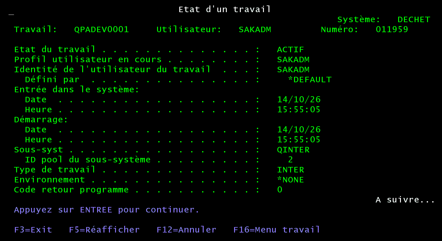 Écran 5250 Etat d'un travail : travail actif, sous-système QINTER, ID pool 2, type de travail INTER