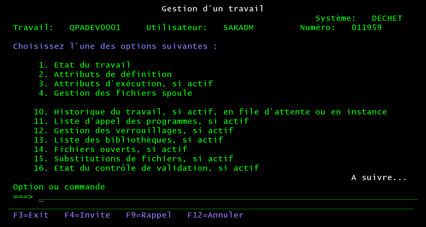 Écran 5250 Gestion d'un travail : travail QPADEV0001, utilisateur SAKADM, numéro 011959, et le menu des options