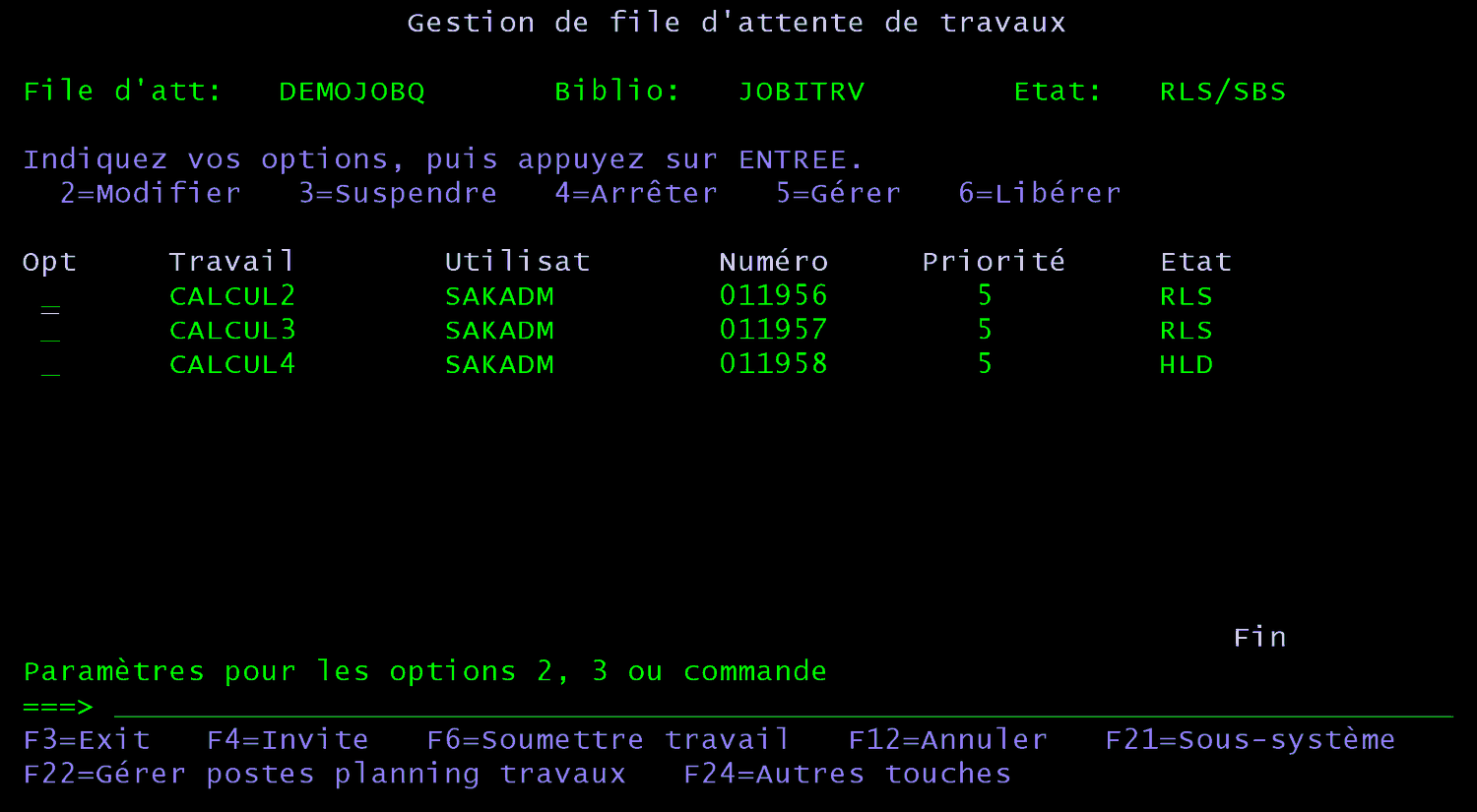 Écran 5250 Gestion de file d'attente de travaux DEMOJOBQ : état RLS/SBS, CALCUL2 et CALCUL3 en RLS, CALCUL4 en HLD, priorité 5