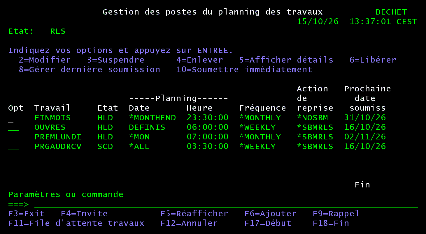 Écran 5250 Gestion des postes du planning des travaux après l'exécution : FINMOIS, OUVRES, PREMLUNDI et PRGAUDRCV, l'entrée UNEFOIS a disparu