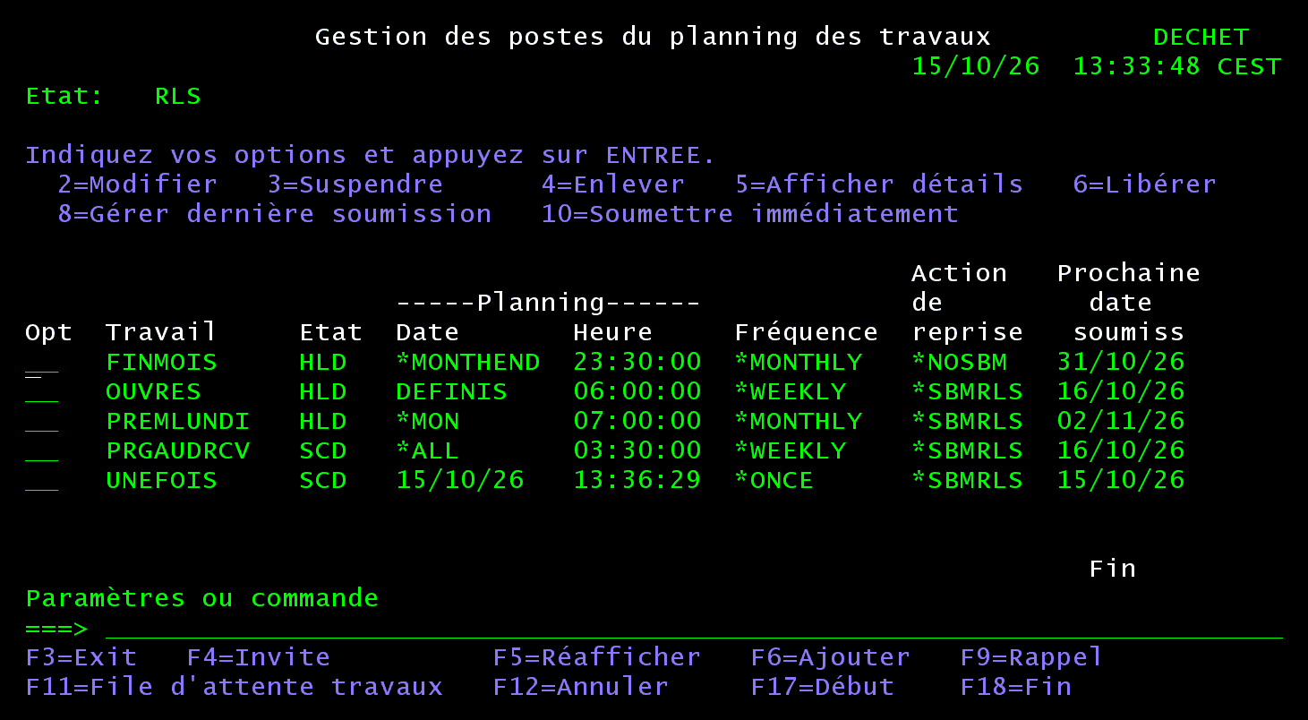 Écran 5250 Gestion des postes du planning des travaux : FINMOIS, OUVRES et PREMLUNDI suspendus, PRGAUDRCV et UNEFOIS planifiés, avec leur prochaine date de soumission