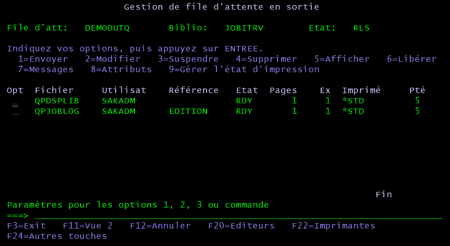 Écran 5250 Gestion de file d'attente en sortie DEMOOUTQ : spools QPDSPLIB et QPJOBLOG de SAKADM, état RDY, 1 page