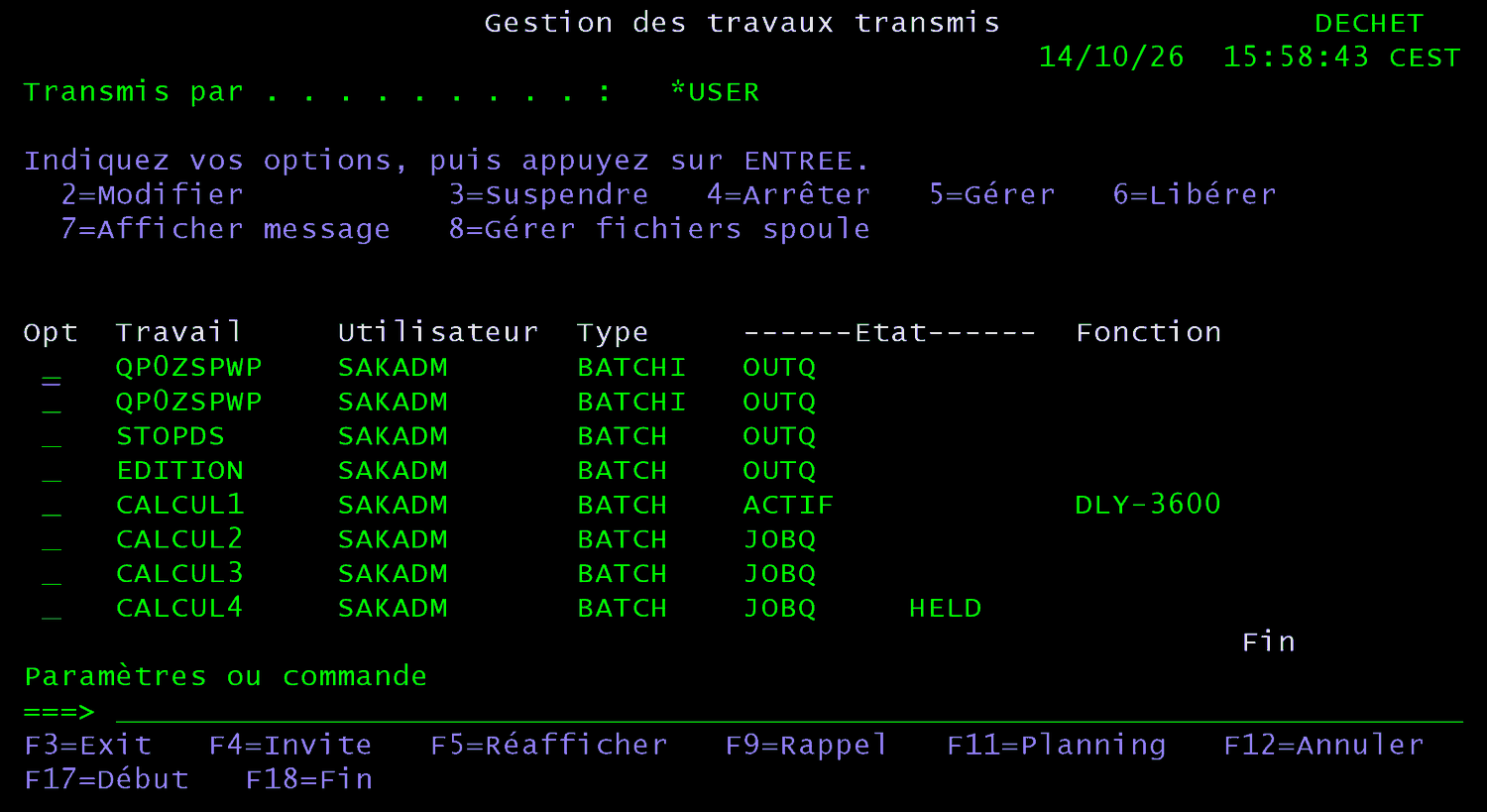 Écran 5250 Gestion des travaux transmis : EDITION en état OUTQ, CALCUL1 ACTIF, CALCUL2 et CALCUL3 en JOBQ, CALCUL4 en JOBQ HELD